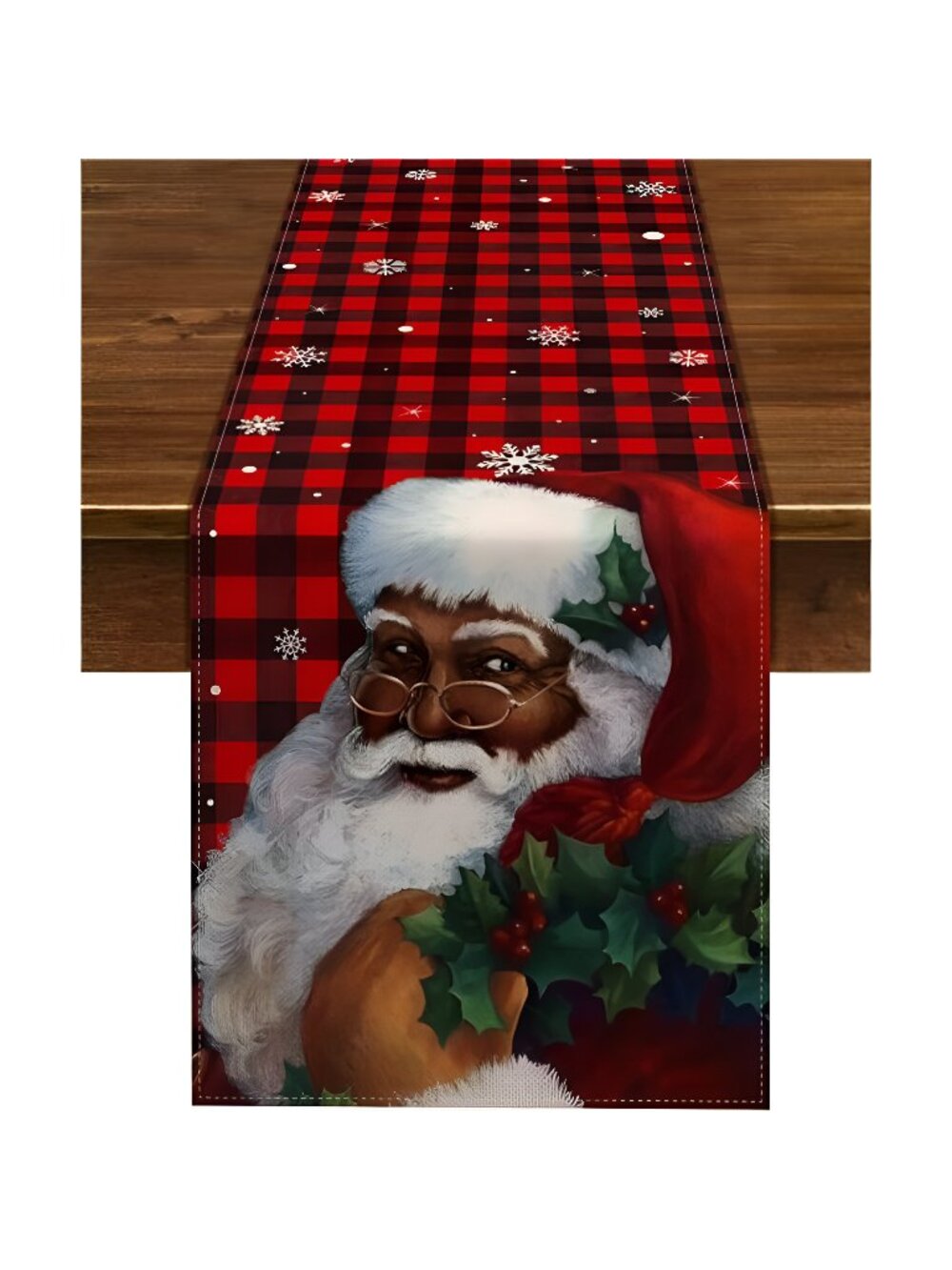 African American Christmas Buffalo Plaid Table Runner 72" Long Black Santa Claus